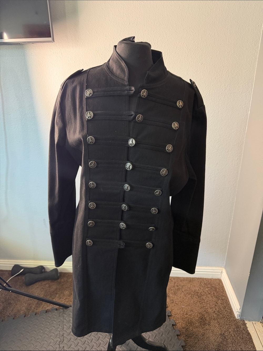Black Women's Military-Style Field Coat with Decorative Button Detailing
